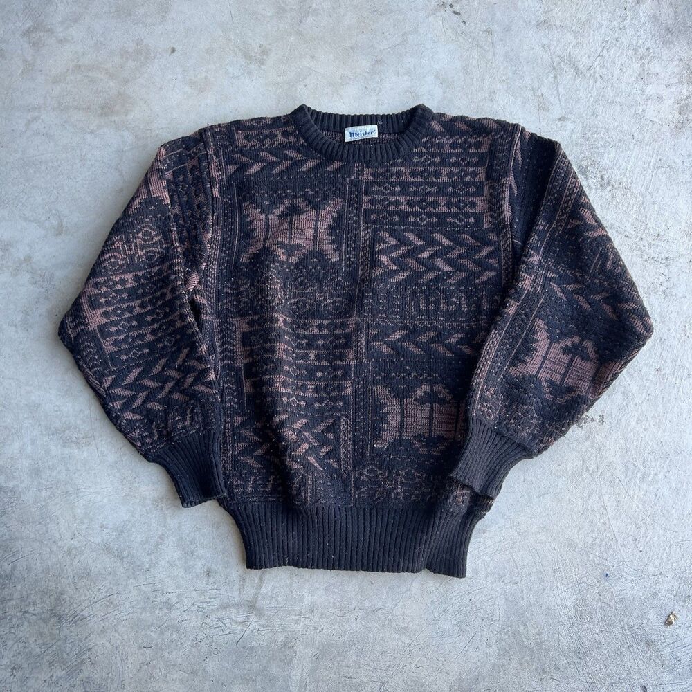 Vtg 80 Meister Black Geometric Sweater Neon Wool Blend sz S Small